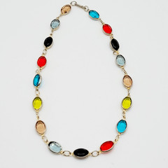 Choker Multicolor Crystal Station Gold Tone Patented Side Clasp Necklace 14.5 In