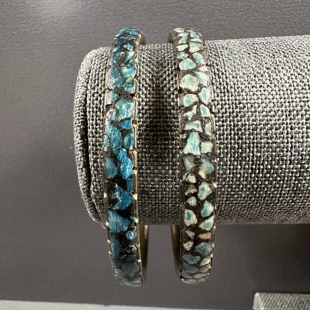 Vintage India Bangles Bracelet Mosaic Stone Brass Blue Green Inlay Set of 2