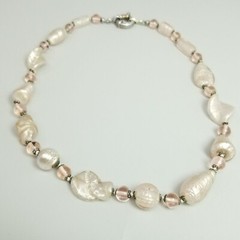 Vintage Light Pink Glass Beaded Necklace with Oversized Spring Ring, Silver Tone