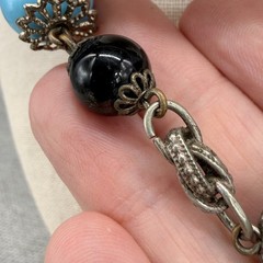 Vintage Necklace Blue Black Glass Beads Gold Tone Chain 17 Inches