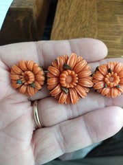 Antique Red / Orange Coral Color Czech Glass Pin / brooch carved chrysanthemum