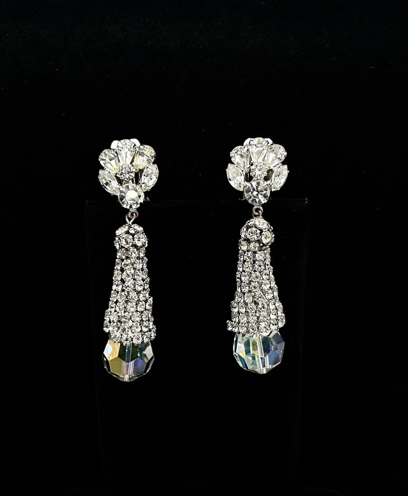 Vtg-CLEAR Rhinestone-Floral-AURORA BOREALIS-Dangle-Clip-on EARRINGS-Pat Pending