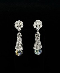 Vtg-CLEAR Rhinestone-Floral-AURORA BOREALIS-Dangle-Clip-on EARRINGS-Pat Pending