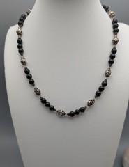 Lori Waters Black Onyx Bead Necklace Sterling Look Crystal Artisan 18″ Signed