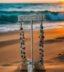 RARE VINTAGE Multicolored Glass Beads Sequins Handmade Metal 4.75″ EARRINGS L19