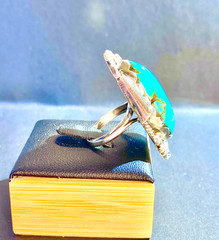 Vintage Sterling Native American 8×24 mm Turquoise Navette Ring Size 5.5 5 1/2