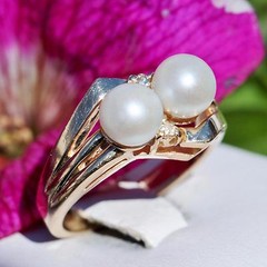 14k yellow gold ring 6.2mm cultured pearl natural diamond sz 6.5 vintage 5.85g