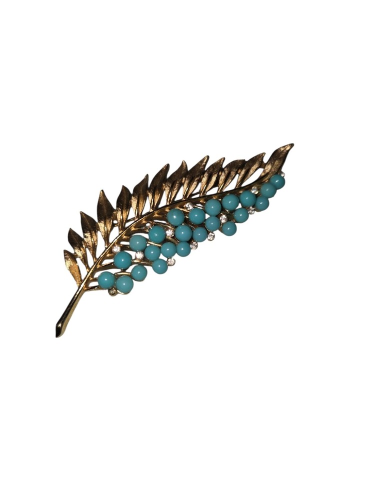 Vintage Crown Trifari Leaf Brooch Turquoise Beads Rare Feather