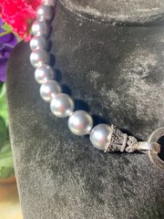 15.5”IN VINTAGE STERLING SILVER & MARCASITE CLASP W 15MM GRAY FAUX PEARLS