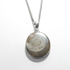 Large Southwestern Sterling Silver Real Oval Ammonite Fossil Pendant With Chain