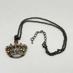 Vintage Crown Rhinestone Pendant Necklace Multi Color Men Women 16-18”