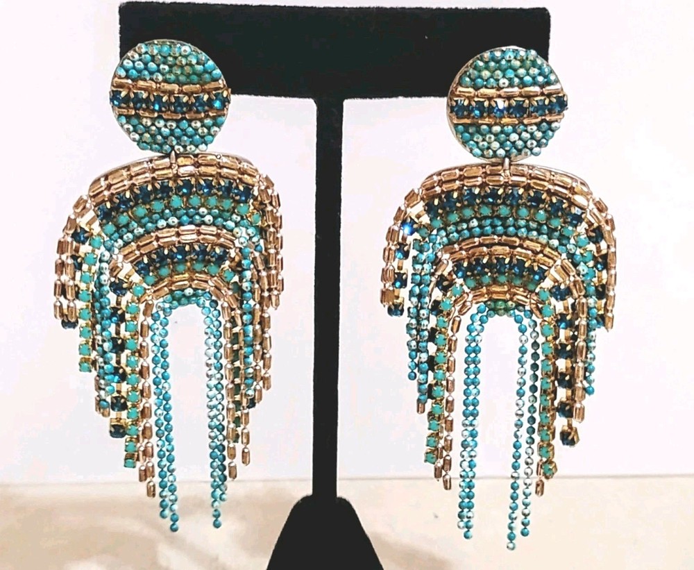 Turquoise Blue Gold Seed Bead Fringe Chandelier Earrings Elegant Boho Statement