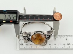 Vintage Sterling Silver Polish Baltic Amber Flower Setting Bangle Bracelet 7 In