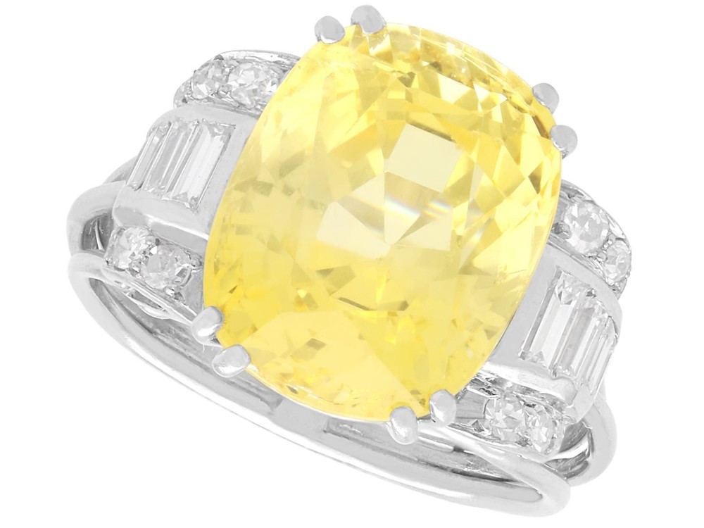 11.74Ct Ceylon Yellow Sapphire and 0.66Ct Diamond, 18k White Gold Ring
