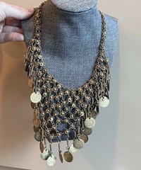 Vintage Boho Gold Tone Chainmail Coin Bib Choker Statement Necklace 18” H3