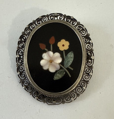 Antique Italian Pietra Dura Floral Mosaic Brooch 800 Silver Filigree Frame
