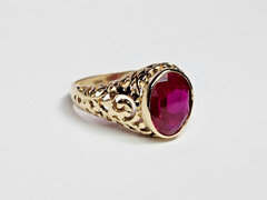 Beautiful 13.9-14k Gold Filigree Style Pierced 4.00ct. Lab Ruby Ring Sz 9.5