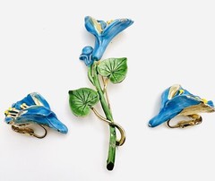Vintage 1980’s Gold Plated Blue & Yellow Enamel Flower Brooch & Earrings Set