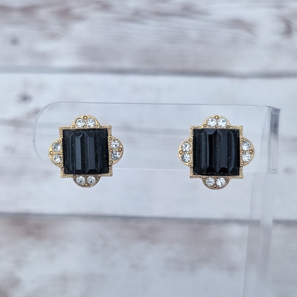 Vintage Earrings for Pierced Ears Dainty Black, Clear Gem, Gold Tone