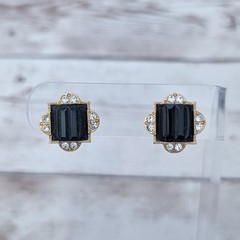 Vintage Earrings for Pierced Ears Dainty Black, Clear Gem, Gold Tone