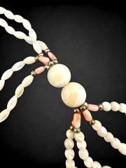 Antique Art Deco Mother of Pearl Angel Skin Coral Sautoir Necklace Fringe Tassel