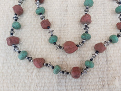 Vintage Tribal Terracotta & Turquoise Green Bead Necklace Long Boho Ethnic Stran