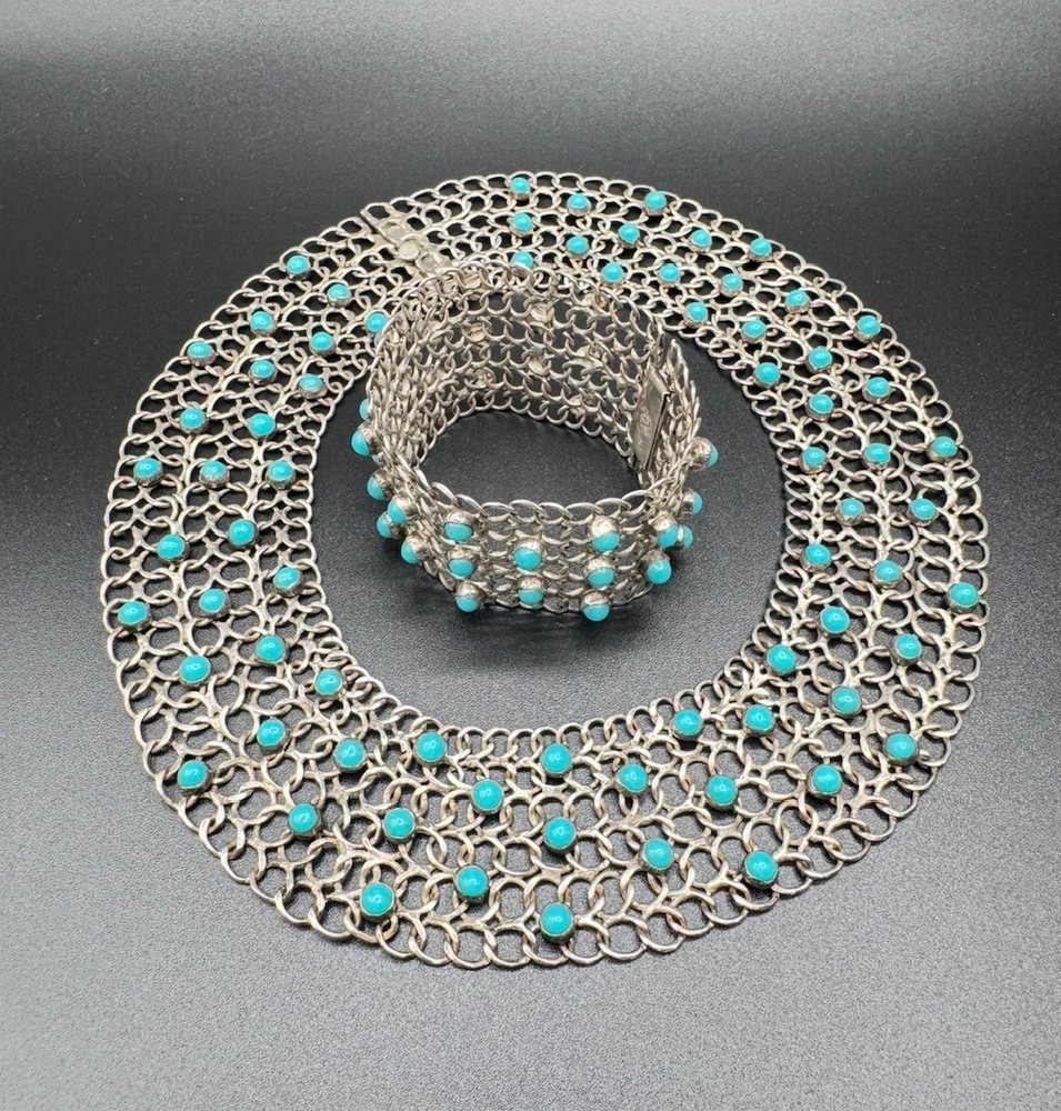 Vintage Taxco Sterling Mesh Link Necklace(14in) & Bracelet (6.75in) Set 130.87gm