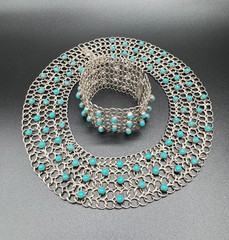 Vintage Taxco Sterling Mesh Link Necklace(14in) & Bracelet (6.75in) Set 130.87gm