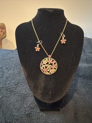 Enameled Floral Gold Tone Necklace with Earrings Set Vintage Jewelry