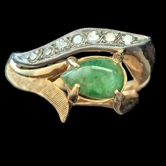 Vintage 1960s Jade Diamonds 14k Yellow White Gold Statement Ring Retro Mid Cent.