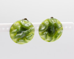 Vintage Western Germany Green Marbled Clip On Earrings | Mid Century Swirl