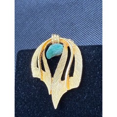 VTG Gold Tone Abstract Textured Brooch Pendant Green Stone Mid Century Modern