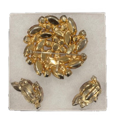 Vintage Red Rhinestone Brooch & Earrings Set | Gold-tone Signed Celebrity NY