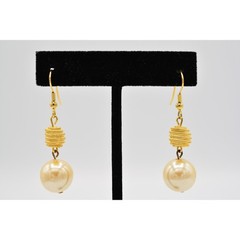 Vintage Pearl Drop Dangle Earrings Brushed Gold Beaded Ball Elegant 1980s BinU