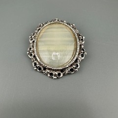 Vintage Gemstone Brooch Polished Beige Banded Agate Silver Tone Oval Frame Heavy