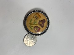 Antique Victorian Embroidered Silk Pansy Brooch Glass Dome Silver Tone Rope