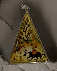 Vintage sterling hand-painted Persian mother-of-pearl 2″ pendant double sided