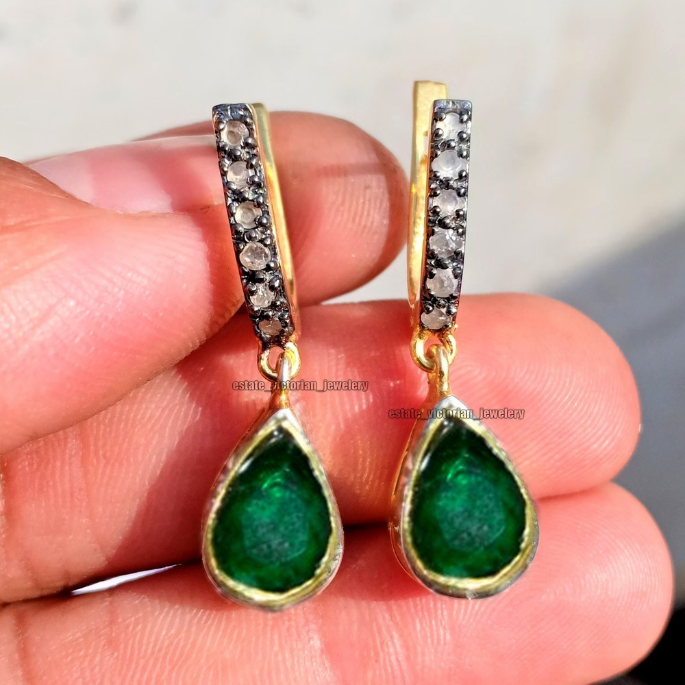 Stunning 0.60ctw Rose Diamond Emerald Studded Silver Victorian Earring Jewelry