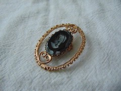 vintage antique gold plated cut out carved hematite intaglio cameo brooch