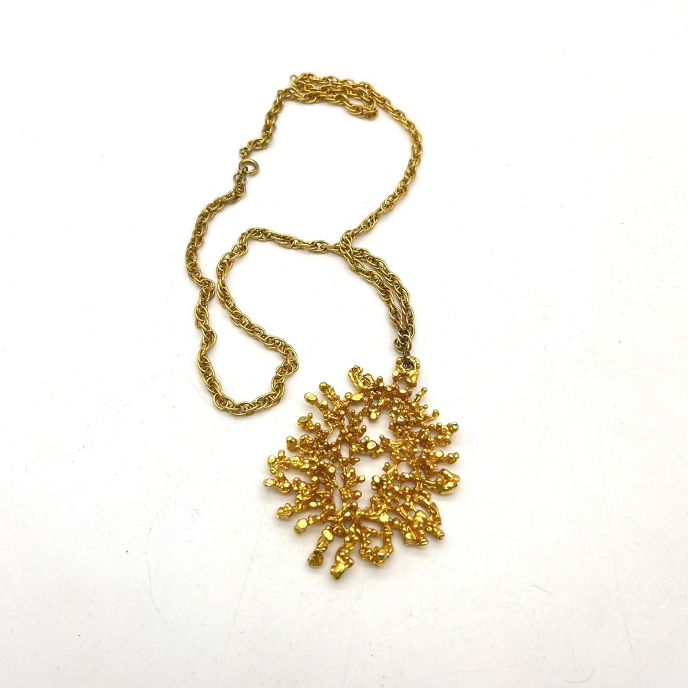 Vintage Gold Tone Brutalist Abstract Coral Textured Statement Pendant Necklace
