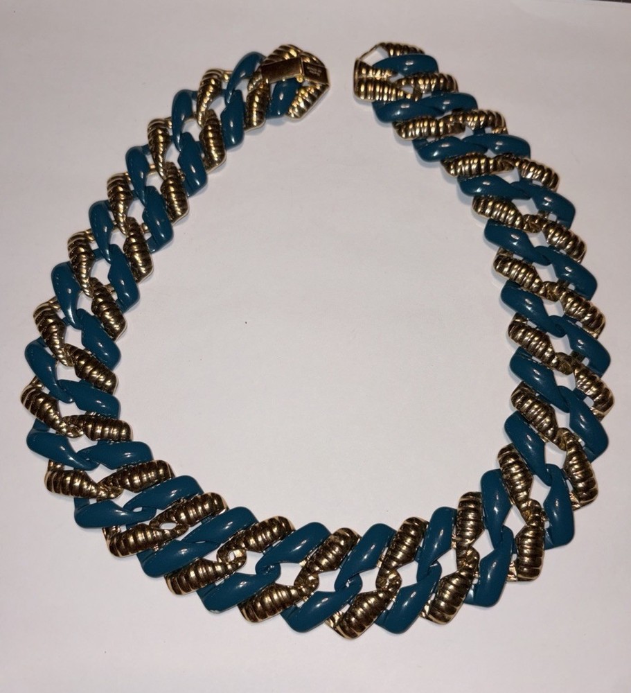 NAPIER-Vintage Necklace Teal Enamel Gold Tone Curb Chain 18” Signed