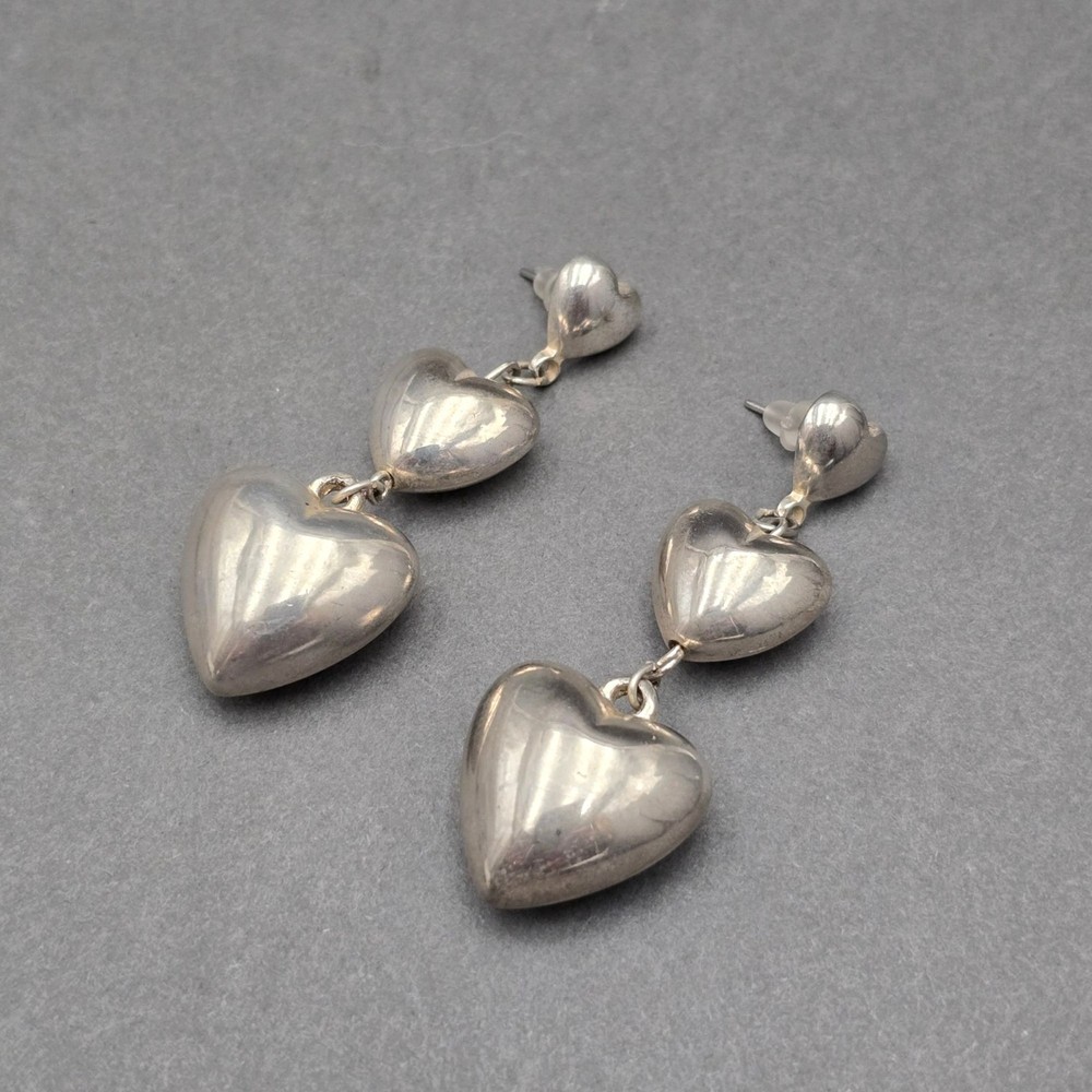Vintage Silvertone Triple Puffed Heart Dangle Post Earrings 2″ Y2K Statement