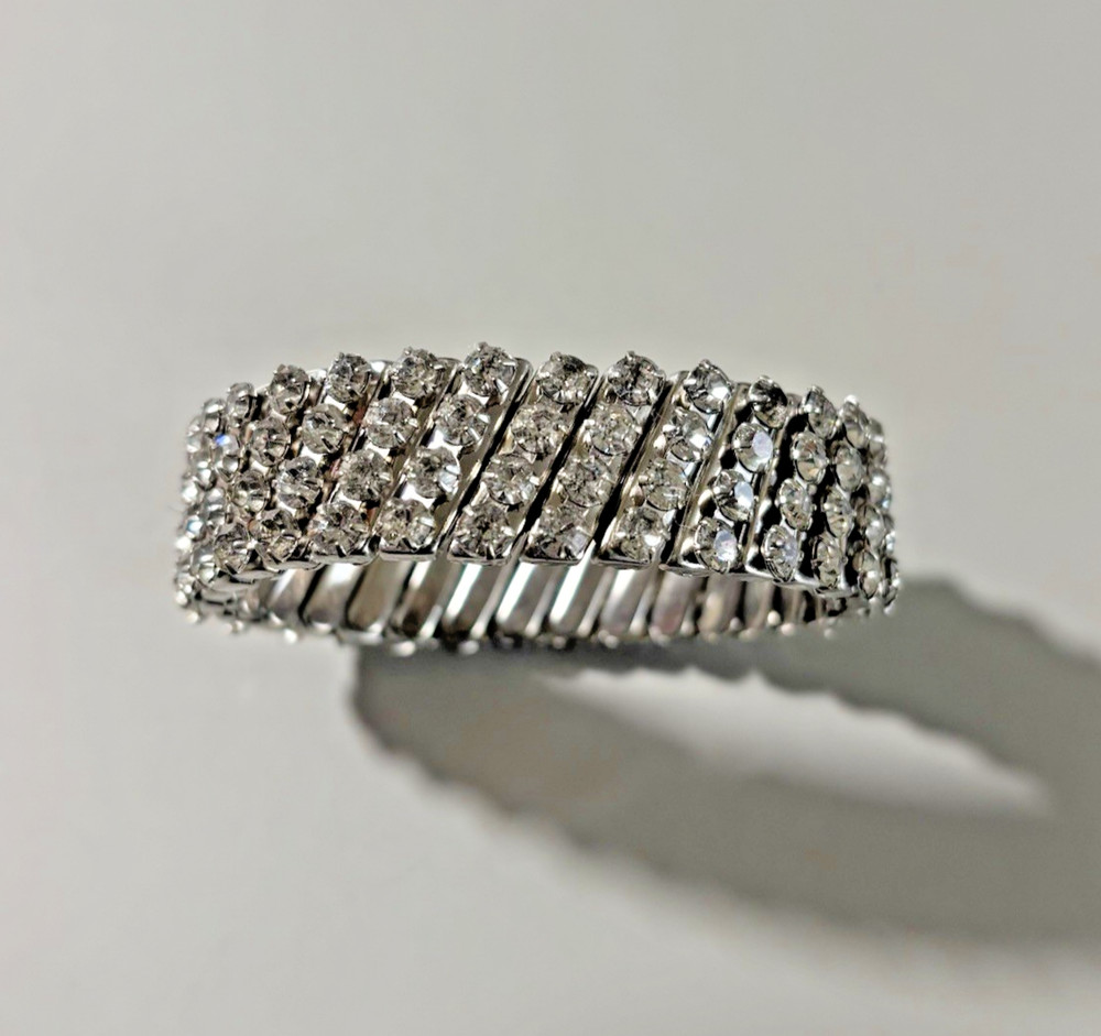 Vintage Expandable 4 Row Clear Rhinestone Silver Tone Bracelet
