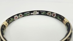 Vintage Chinese Black Cloisonné Enamel Bangle Bracelet Floral Hinged Gilt Brass