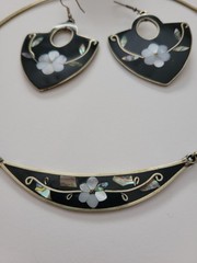 Vintage Mexico Alpaca Silver Inlay Cuff Necklace & Earrings Set Southwest