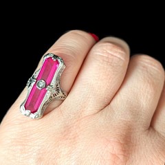1920s Art Deco Diamond Lab Created Ruby 14 White Gold Cocktail Ring Antique