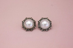 Vintage Sterling Silver Marcasite Faux Pearl Round Post Earrings – Ideal Gift
