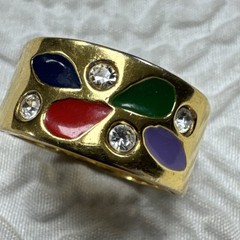 Vintage Gold Plated Teardrop-Shaped Inlays Multicolored Enamel Rhinestone Ring
