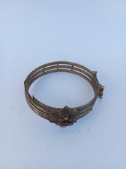 Vintage Silver Tone Floral Bangle Bracelet with Red & Clear Rhinestones