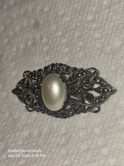 Vtg Sterling Silver Faux Pearl Marcasite Brooch Pin Art Deco Or Victorian